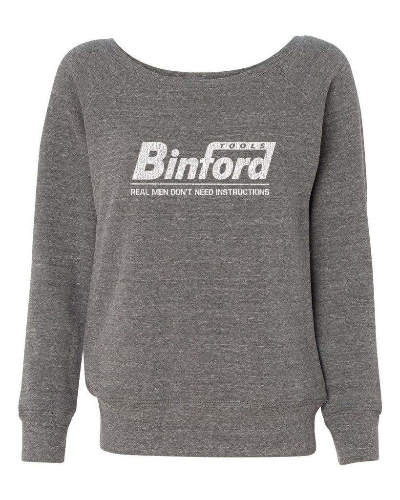 Binford Womens Long Sleeve Off the Shoulder Crew Sweatshirt funny tv show home improvement 90s tv show costume halloween tool time man Tim vintage retro