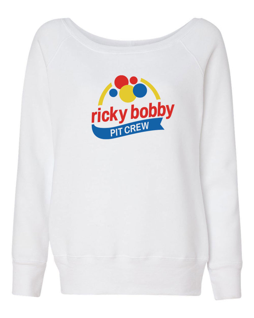 Ricky Bobby Pit Crew Womens Off The Shoulder Crew Sweatshirt race car racing halloween costume shake and bake first your last funny movie
