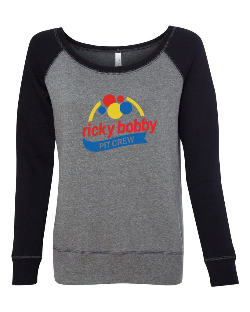 Ricky Bobby Pit Crew Womens Off The Shoulder Crew Sweatshirt race car racing halloween costume shake and bake first your last funny movie