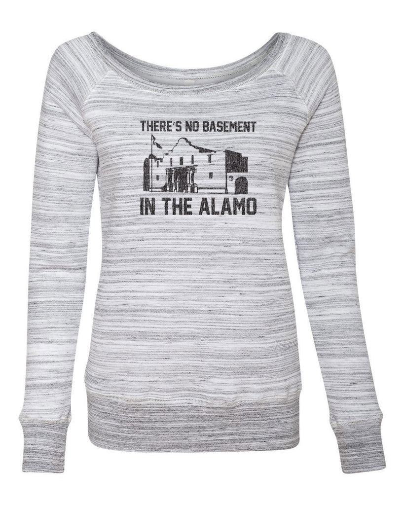 Theres no basement in the alamo Womens Off the Shoulder Crew Sweatshirt funny 80s movie pee wees big adventure texas history vintage retro