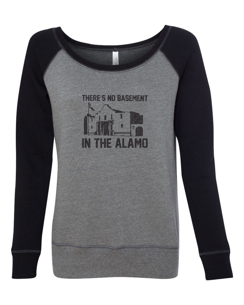 Theres no basement in the alamo Womens Off the Shoulder Crew Sweatshirt funny 80s movie pee wees big adventure texas history vintage retro