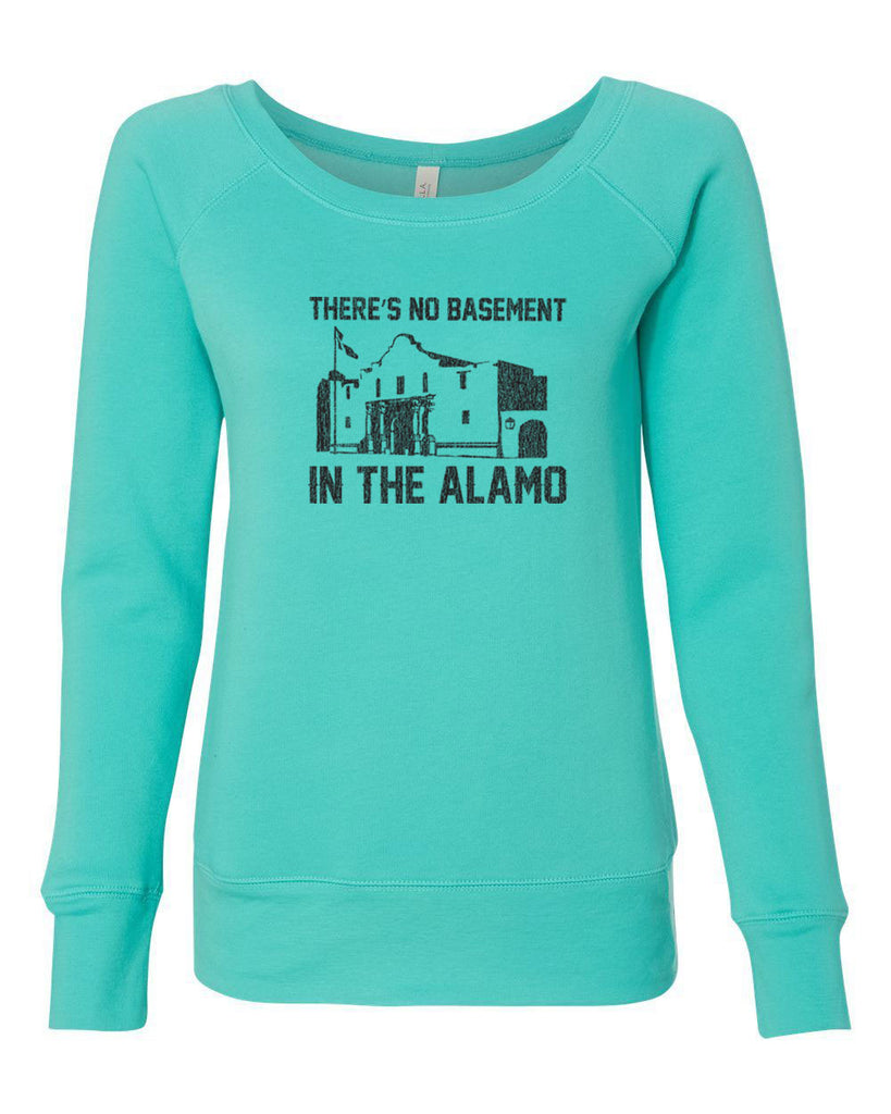 Theres no basement in the alamo Womens Off the Shoulder Crew Sweatshirt funny 80s movie pee wees big adventure texas history vintage retro