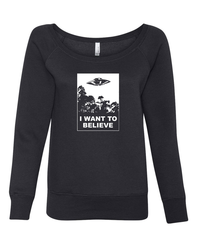 I want to believe Womens Off the Shoulder Crew Sweatshirt alien ufo tv show scary vintage retro flying saucer files