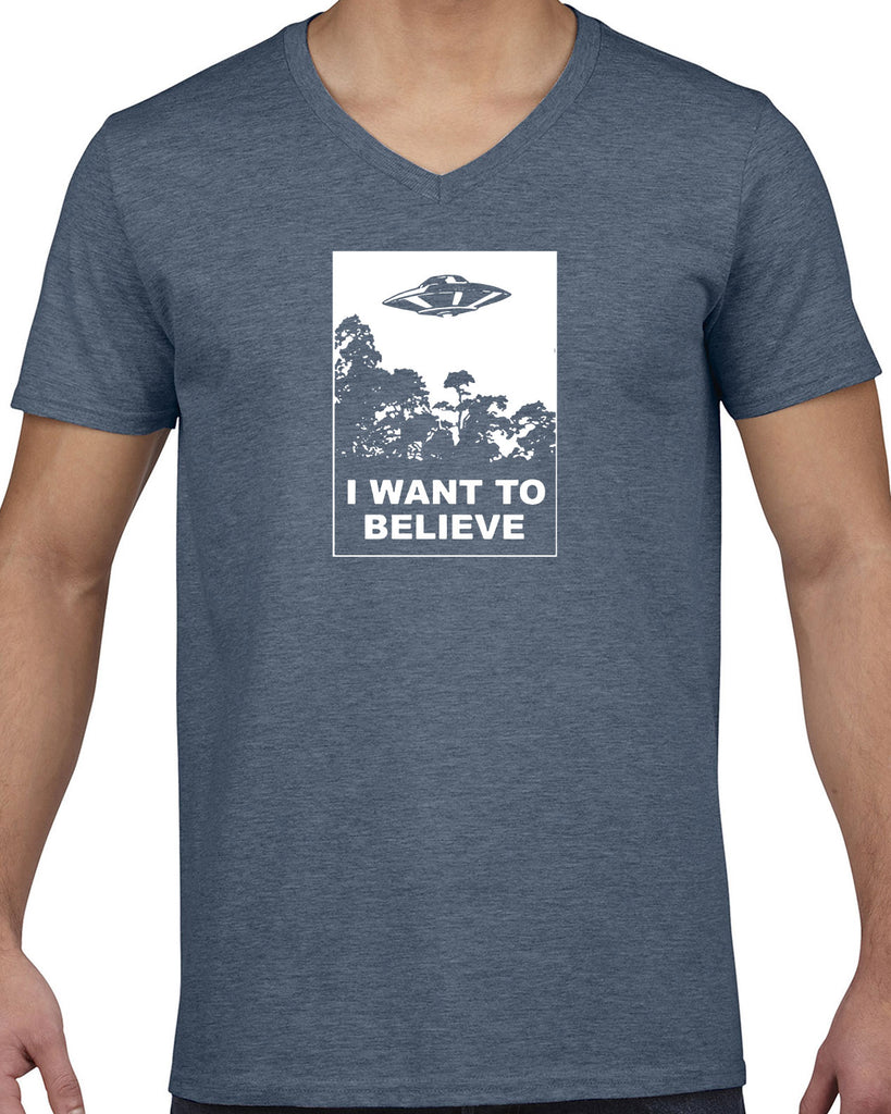 I want to believe Mens V-neck Shirt alien ufo tv show scary vintage retro flying saucer files