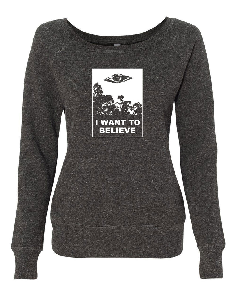 I want to believe Womens Off the Shoulder Crew Sweatshirt alien ufo tv show scary vintage retro flying saucer files
