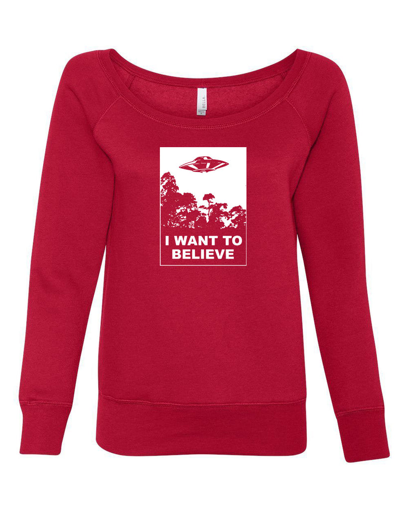 I want to believe Womens Off the Shoulder Crew Sweatshirt alien ufo tv show scary vintage retro flying saucer files