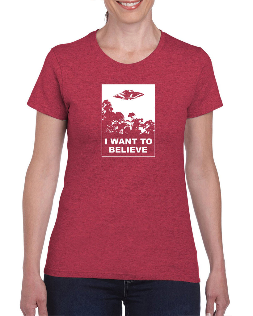 I want to believe Womens T-shirt alien ufo tv show scary vintage retro flying saucer files