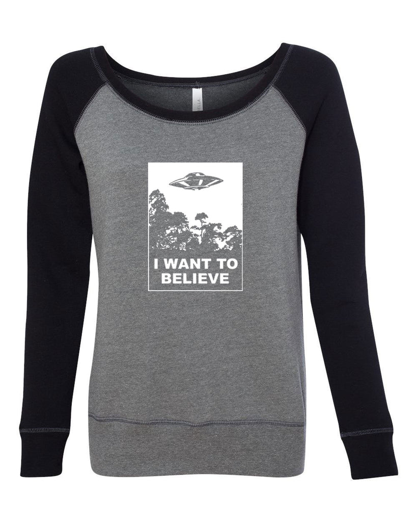 I want to believe Womens Off the Shoulder Crew Sweatshirt alien ufo tv show scary vintage retro flying saucer files