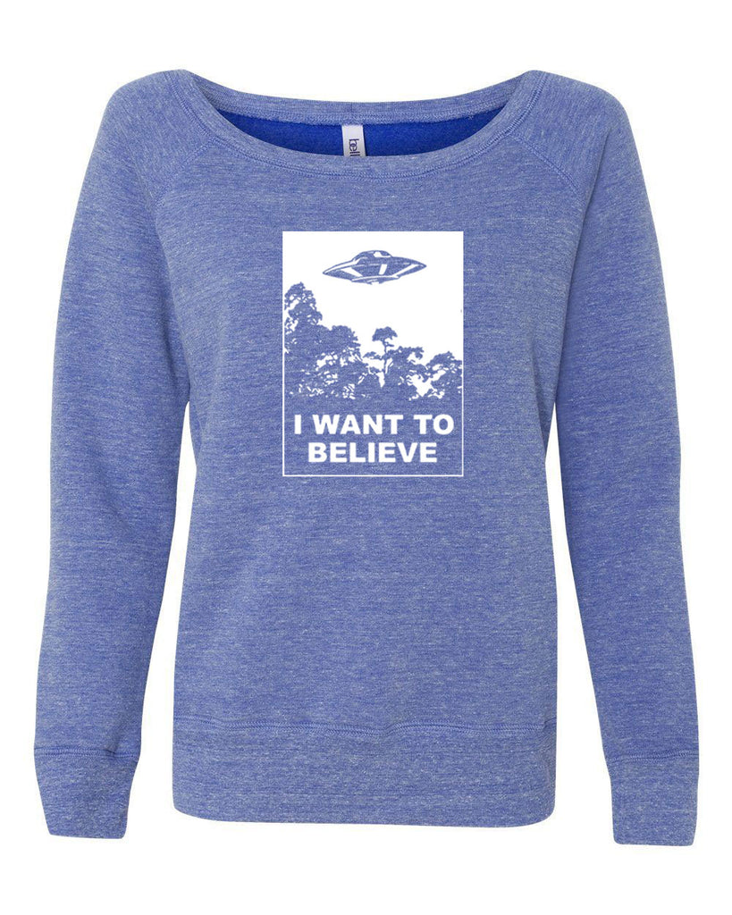 I want to believe Womens Off the Shoulder Crew Sweatshirt alien ufo tv show scary vintage retro flying saucer files