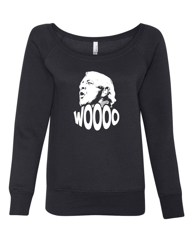 Wooo Womens Off The Shoulder Crew Sweatshirt stylin', profilin', limousine riding, jet flying, kiss-stealing, wheelin' and dealin' son of a gun wrestling 90s wrestler legend champion heavy weight