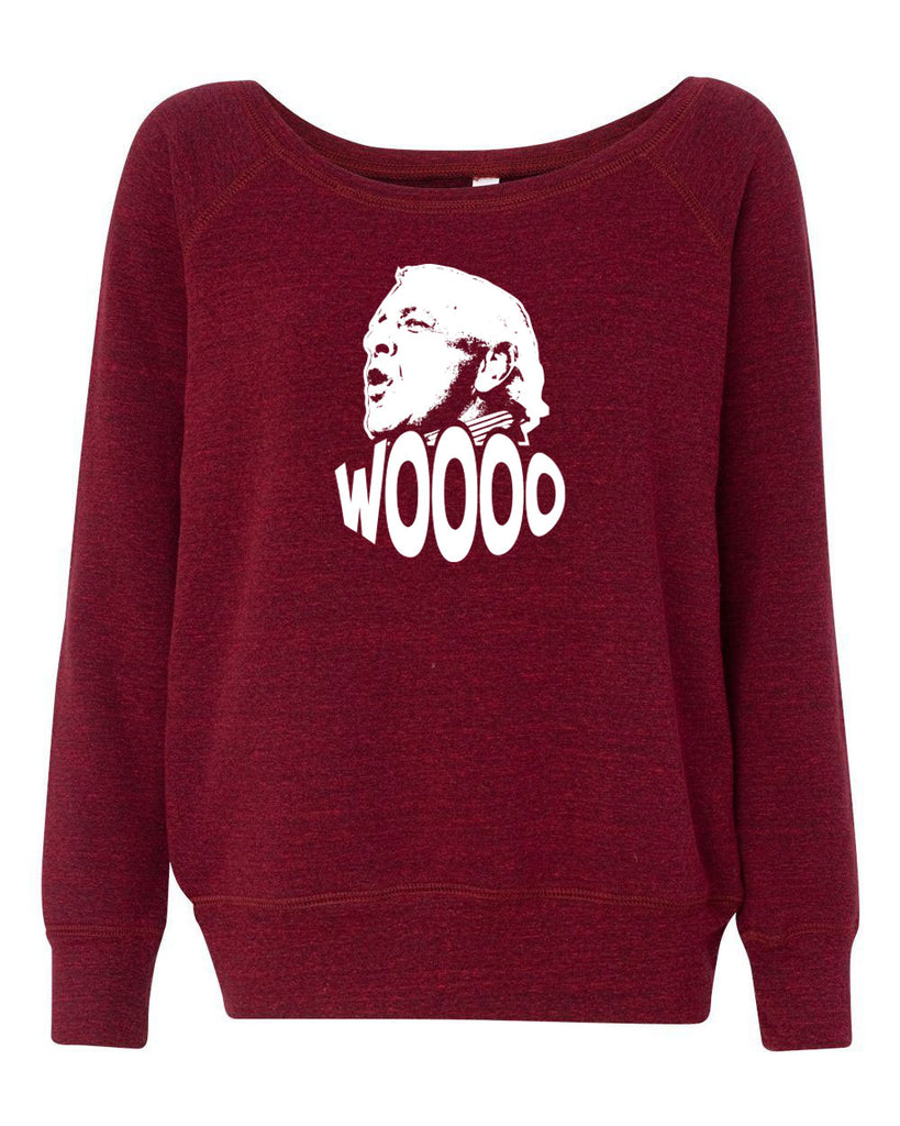 Wooo Womens Off The Shoulder Crew Sweatshirt stylin', profilin', limousine riding, jet flying, kiss-stealing, wheelin' and dealin' son of a gun wrestling 90s wrestler legend champion heavy weight