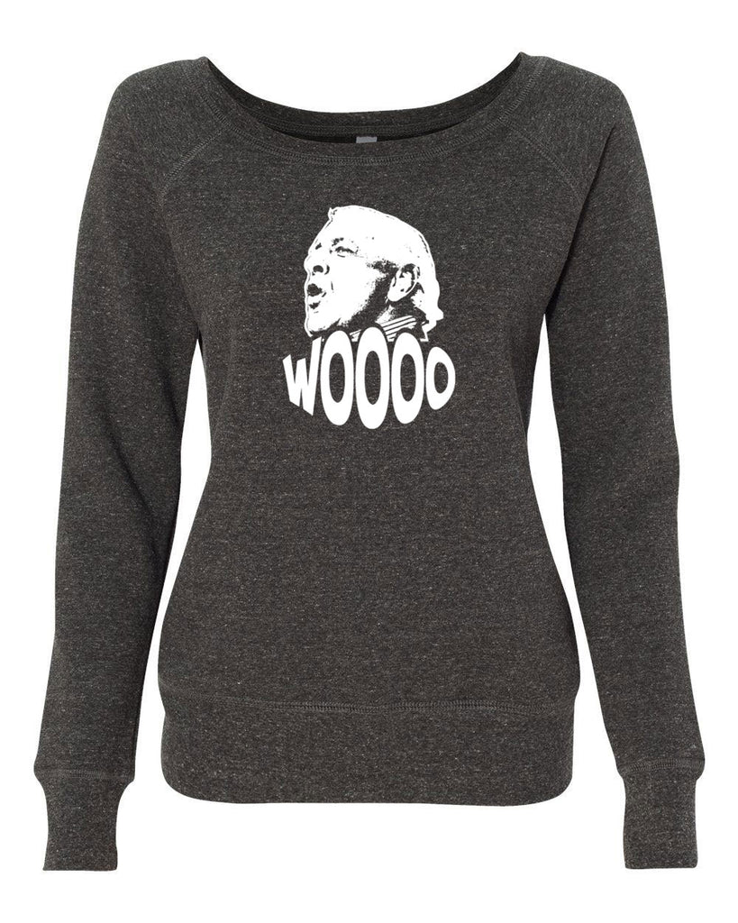 Wooo Womens Off The Shoulder Crew Sweatshirt stylin', profilin', limousine riding, jet flying, kiss-stealing, wheelin' and dealin' son of a gun wrestling 90s wrestler legend champion heavy weight