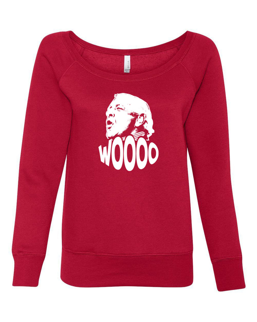 Wooo Womens Off The Shoulder Crew Sweatshirt stylin', profilin', limousine riding, jet flying, kiss-stealing, wheelin' and dealin' son of a gun wrestling 90s wrestler legend champion heavy weight