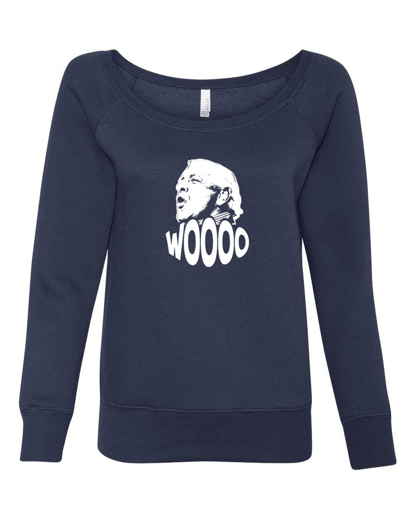 Wooo Womens Off The Shoulder Crew Sweatshirt stylin', profilin', limousine riding, jet flying, kiss-stealing, wheelin' and dealin' son of a gun wrestling 90s wrestler legend champion heavy weight