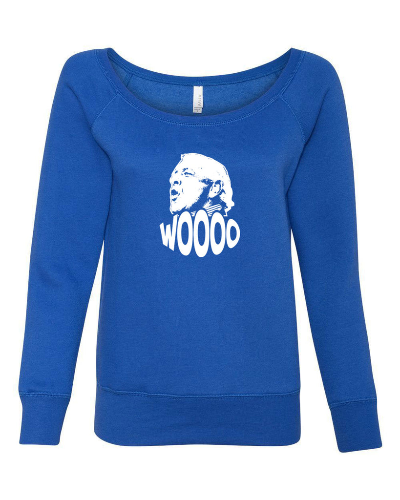 Wooo Womens Off The Shoulder Crew Sweatshirt stylin', profilin', limousine riding, jet flying, kiss-stealing, wheelin' and dealin' son of a gun wrestling 90s wrestler legend champion heavy weight