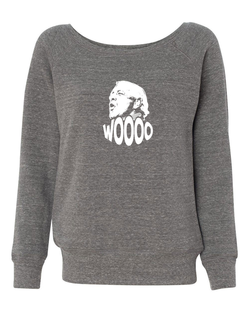 Wooo Womens Off The Shoulder Crew Sweatshirt stylin', profilin', limousine riding, jet flying, kiss-stealing, wheelin' and dealin' son of a gun wrestling 90s wrestler legend champion heavy weight