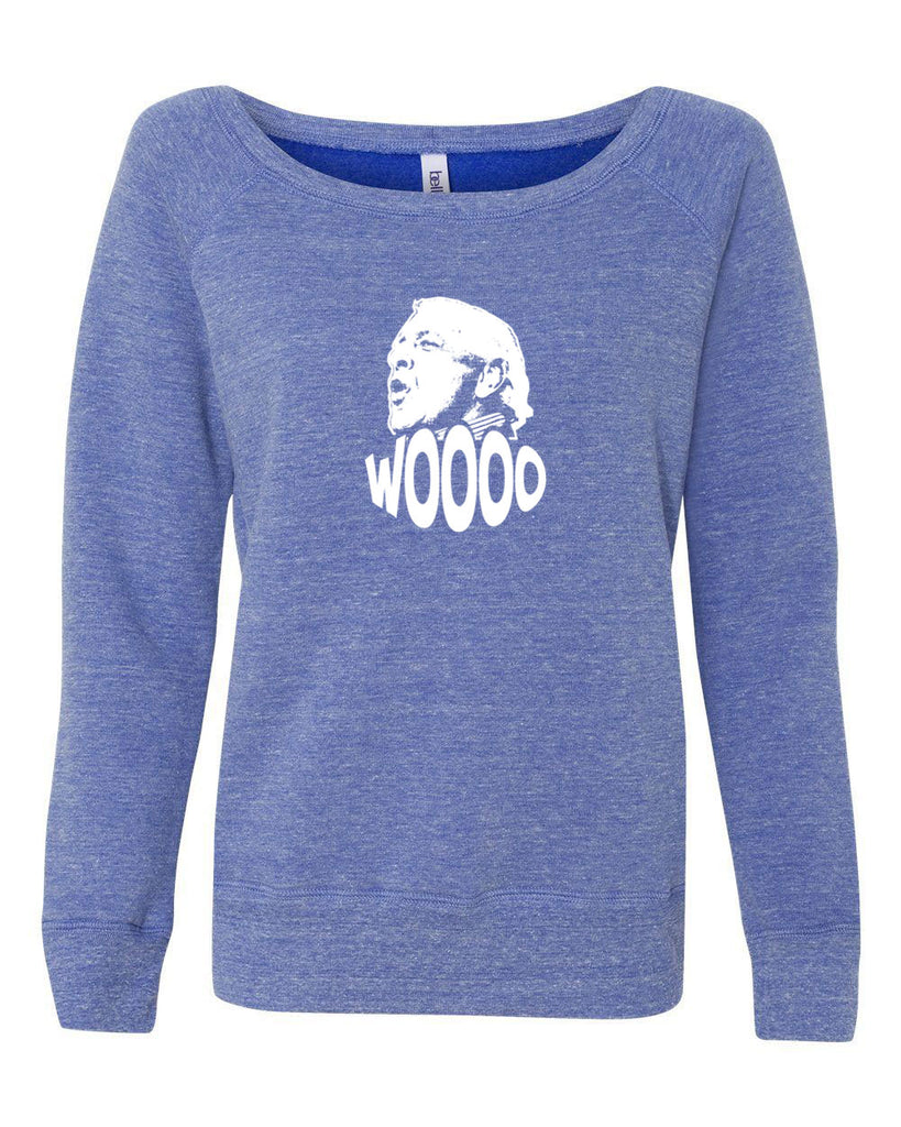 Wooo Womens Off The Shoulder Crew Sweatshirt stylin', profilin', limousine riding, jet flying, kiss-stealing, wheelin' and dealin' son of a gun wrestling 90s wrestler legend champion heavy weight