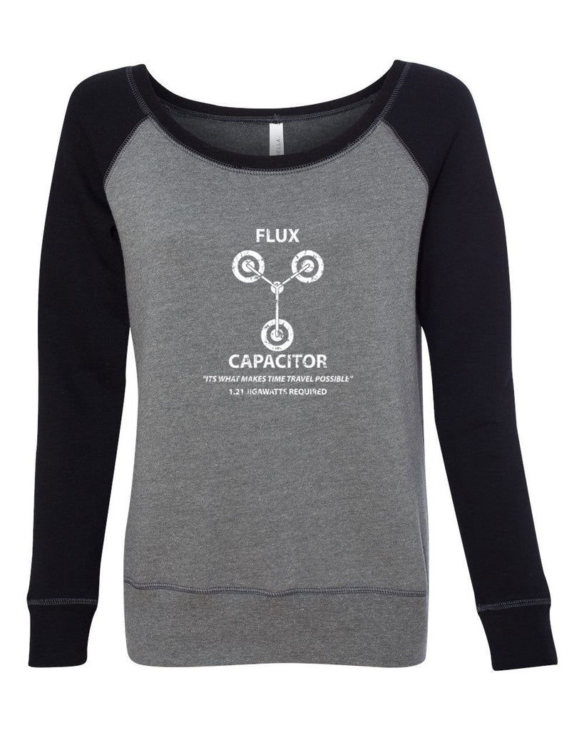 Flux Capacitor Womens Off the Shoulder Crew Sweatshirt time travel back to the future marty mcfly doc brown 80s movie party