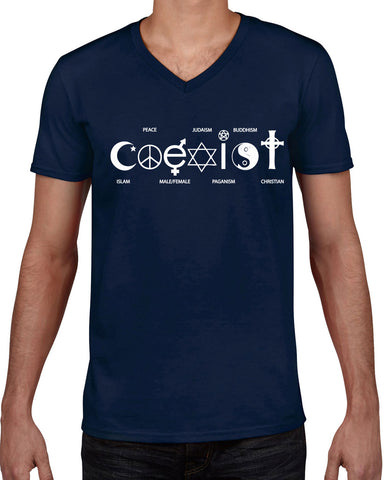 Hot Press Apparel Coexist Mens V-neck T-shirt world peace religious freedom love trumps hate apparel shirt garment soft blend cotton neck v neck