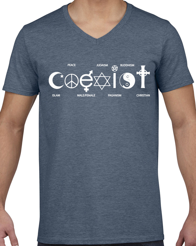 Hot Press Apparel Coexist Mens V-neck T-shirt world peace religious freedom love trumps hate apparel shirt garment soft blend cotton neck v neck