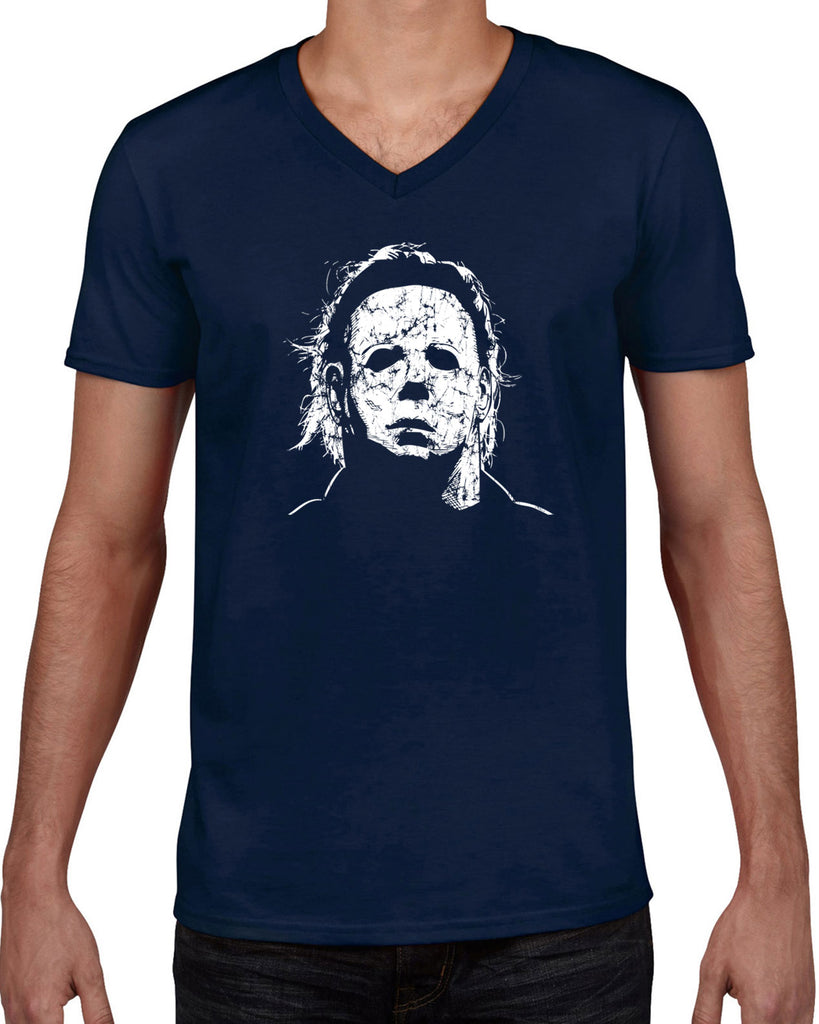 Halloween Mask Mens V-neck T-shirt face costume slasher horror scary 70s 80s costume party michael meyers