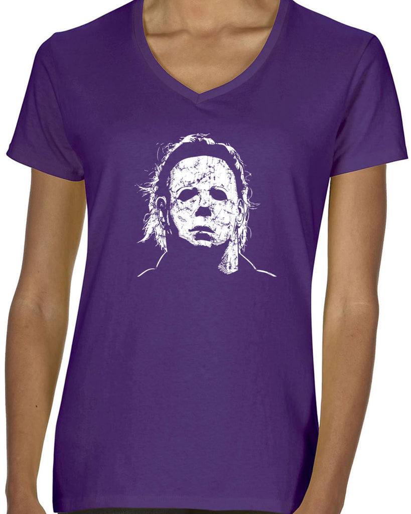 Halloween Mask Womens V-neck T-shirt face costume slasher horror scary 70s 80s costume party michael meyers