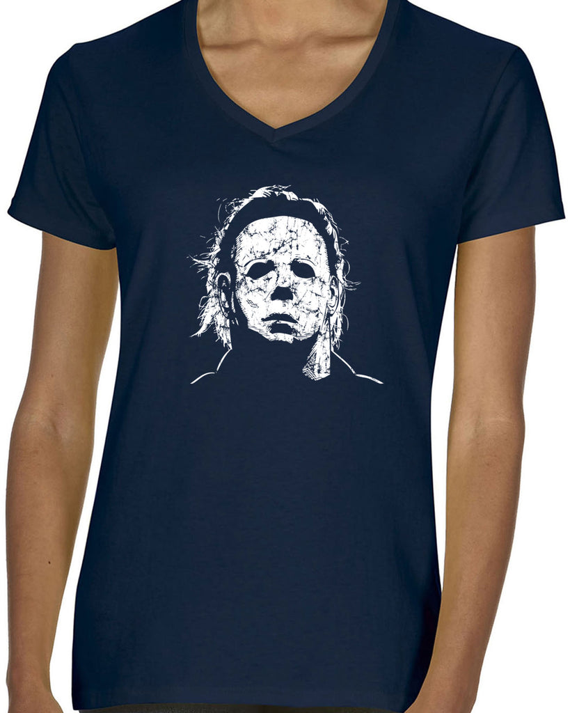 Halloween Mask Womens V-neck T-shirt face costume slasher horror scary 70s 80s costume party michael meyers