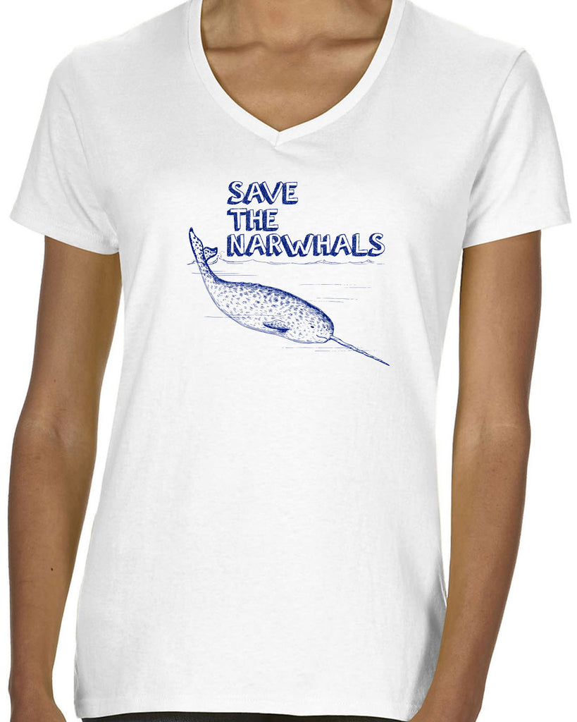 Women's Short Sleeve V-Neck T-Shirt - Save the Narwhals