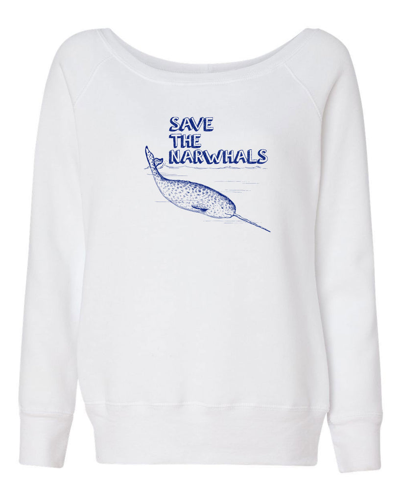 Save the Narwhals Womens Off the Shoulder Crew Sweatshirt funny whale conservation preservation endangered species ocean animal mammal whale