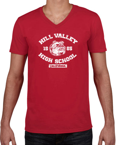 Hill Valley High School Mens V-neck T-Shirt Funny 80s Movie Back To The Future Marty Mcfly Halloween Costume Vintage Retro