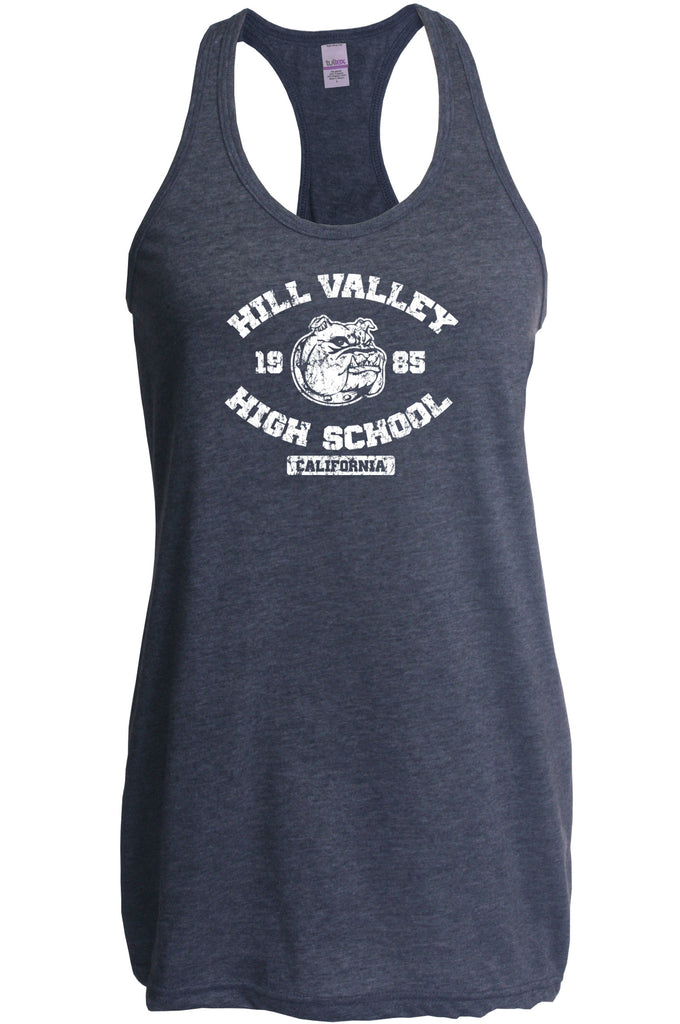 Hill Valley High School Womens Racer Back Tank Top racerback Funny 80s Movie Back To The Future Marty Mcfly Halloween Costume Vintage Retro