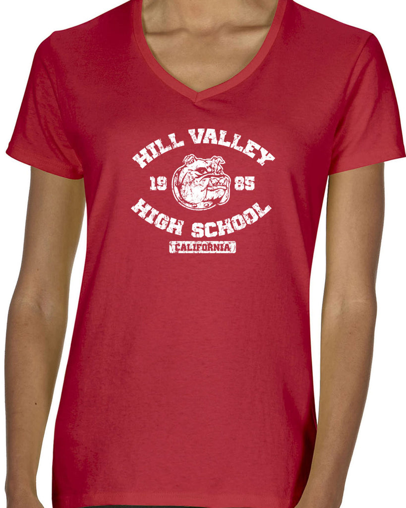 Hill Valley High School Womens V-neck T-shirt Funny 80s Movie Back To The Future Marty Mcfly Halloween Costume Vintage Retro