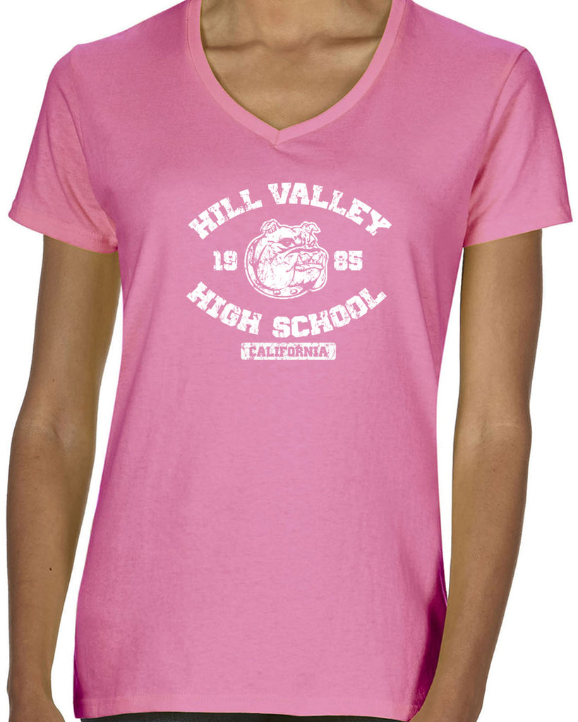 Hill Valley High School Womens V-neck T-shirt Funny 80s Movie Back To The Future Marty Mcfly Halloween Costume Vintage Retro
