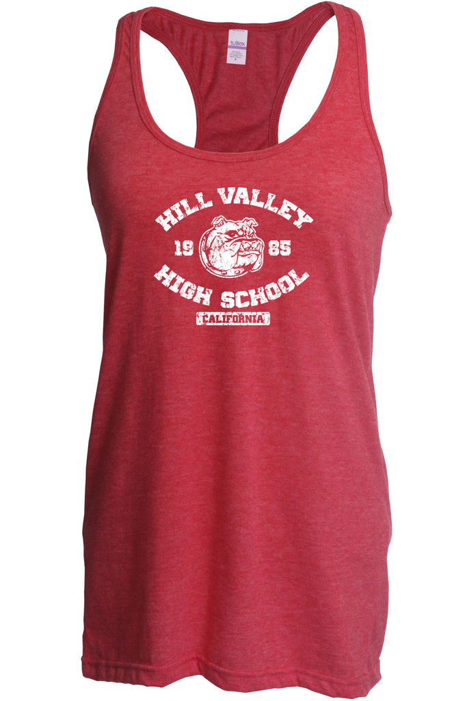 Hill Valley High School Womens Racer Back Tank Top racerback Funny 80s Movie Back To The Future Marty Mcfly Halloween Costume Vintage Retro