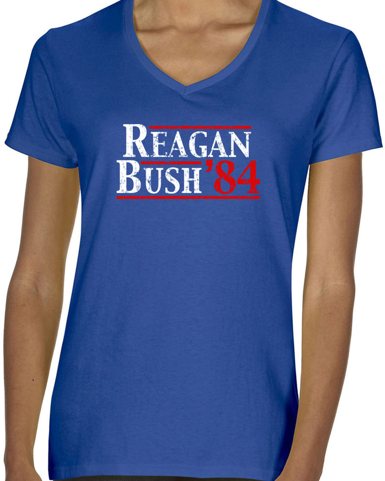 Women's Short Sleeve V-Neck T-Shirt - Reagan Bush 1984