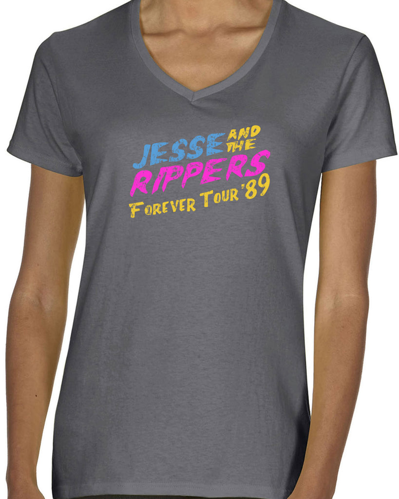 Jesse and the Rippers Forever Tour Womens V-Neck Shirt 80s Tv Show 90s Uncle Jesse Halloween Costume Party College Full House Vintage Retro