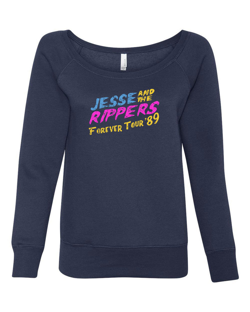 Jesse and the Rippers Forever Tour Womens Off The Shoulder Crew Sweatshirt  80s Tv Show 90s Uncle Jesse Halloween Costume Party College Full House Vintage Retro