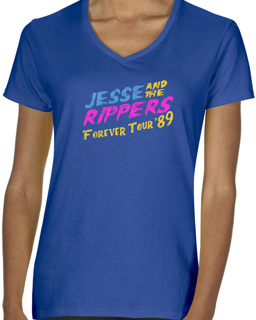 Jesse and the Rippers Forever Tour Womens V-Neck Shirt 80s Tv Show 90s Uncle Jesse Halloween Costume Party College Full House Vintage Retro