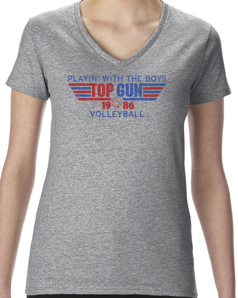 Top Gun Volleyball Womens V-Neck T-Shirt Fighter Pilot 80s Movie Party Halloween Costume Vintage Retro