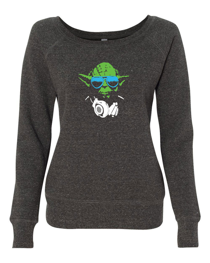 DJ Yoda Womens Off The Shoulder Crew Sweatshirt Jedi Light Saber Movie Star Geek Nerd Wars Vintage Retro