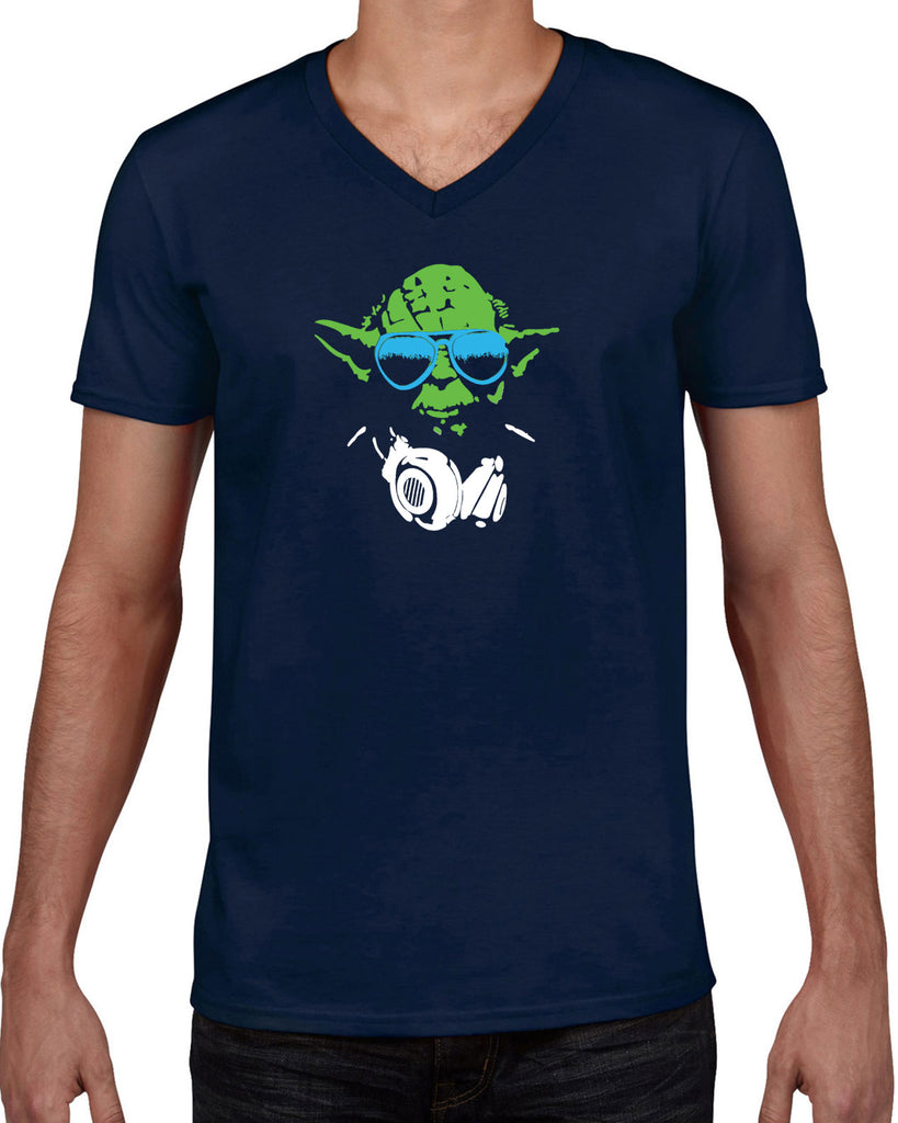 DJ Yoda Mens V-Neck Shirt Jedi Light Saber Movie Star Geek Nerd Wars Vintage Retro