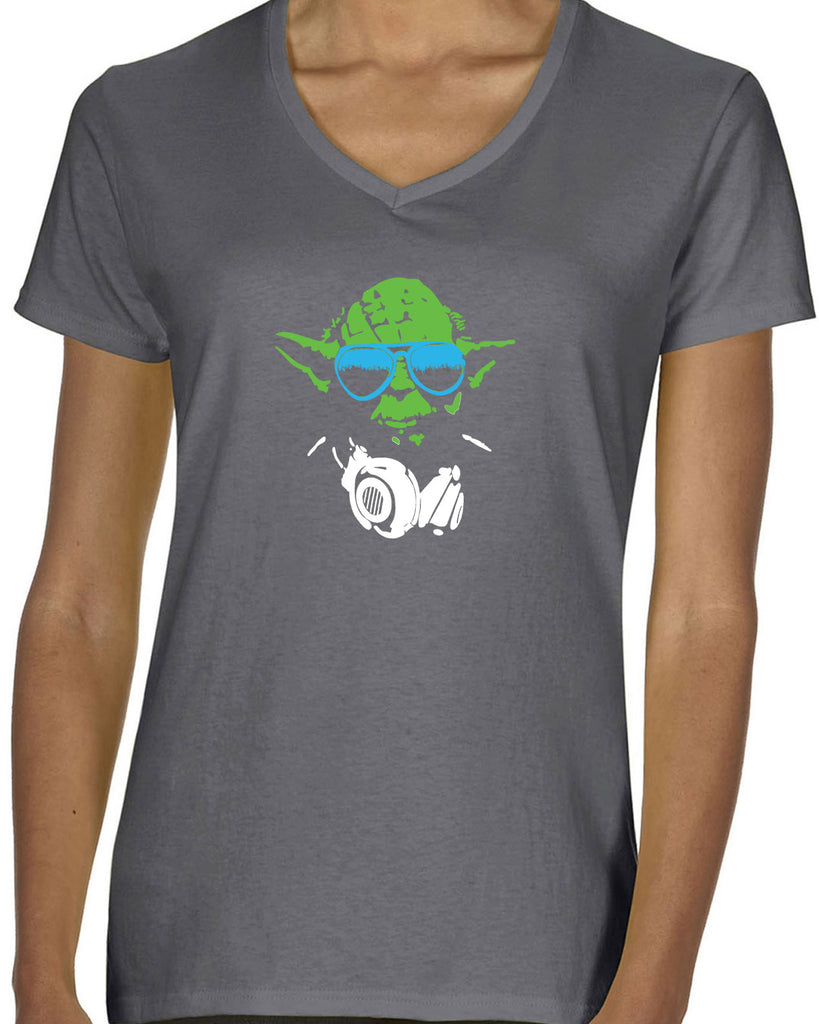 DJ Yoda Womens V-Neck Shirt Jedi Light Saber Movie Star Geek Nerd Wars Vintage Retro