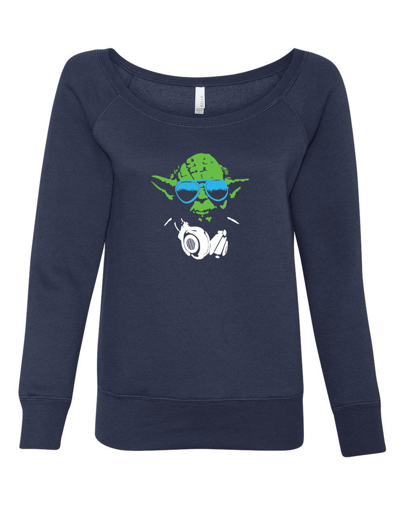 DJ Yoda Womens Off The Shoulder Crew Sweatshirt Jedi Light Saber Movie Star Geek Nerd Wars Vintage Retro