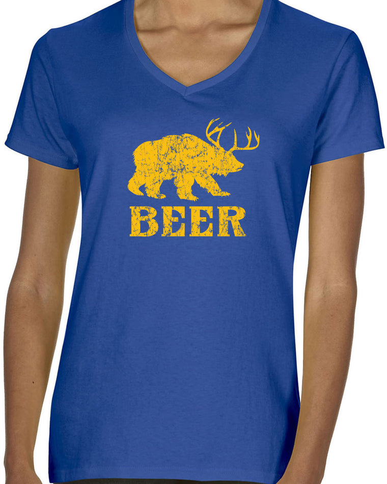 Women's Short Sleeve V-Neck T-Shirt - Beer Deer Bear?
