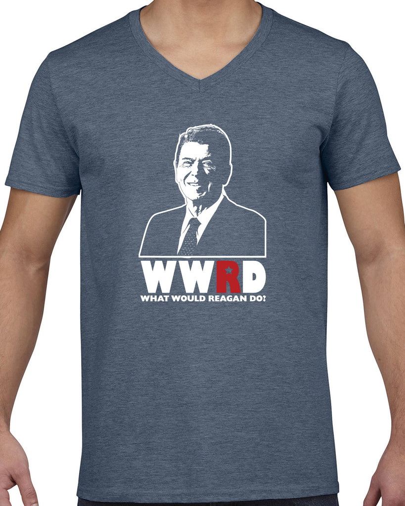 What Would Reagan Do? Bush 1984 Mens V-neck T-Shirt election campaign rally president 80s party costume vintage retro