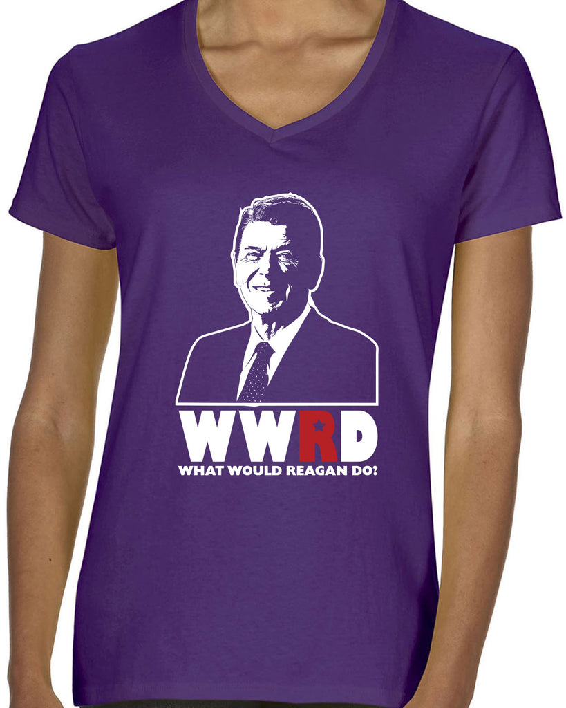What Would Reagan Do? Bush 1984 Womens V-neck T-Shirt election campaign rally president 80s party costume vintage retro