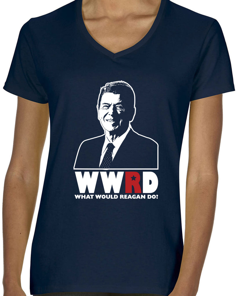 What Would Reagan Do? Bush 1984 Womens V-neck T-Shirt election campaign rally president 80s party costume vintage retro