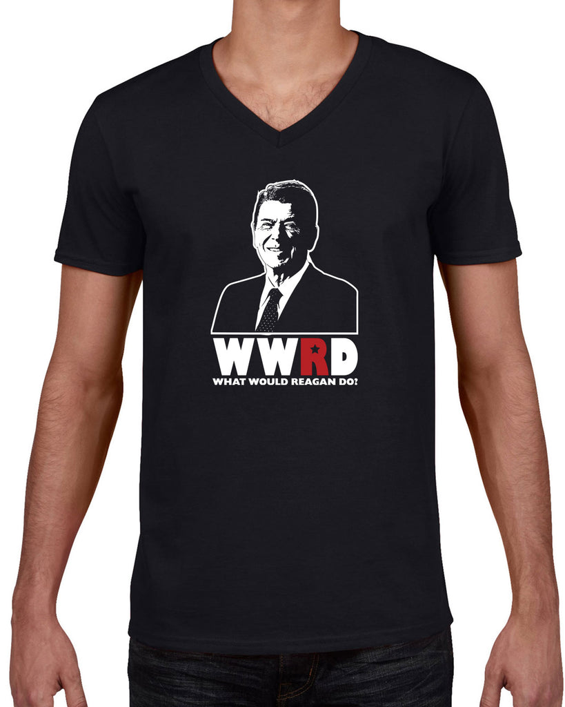 What Would Reagan Do? Bush 1984 Mens V-neck T-Shirt election campaign rally president 80s party costume vintage retro