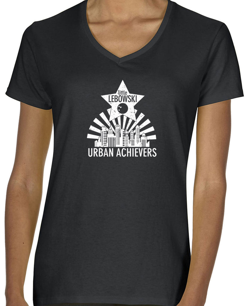 Little Lebowski Urban Achievers Womens V Neck Shirt The Big 90s Movie Stoner Dude Abides Bowling Party College