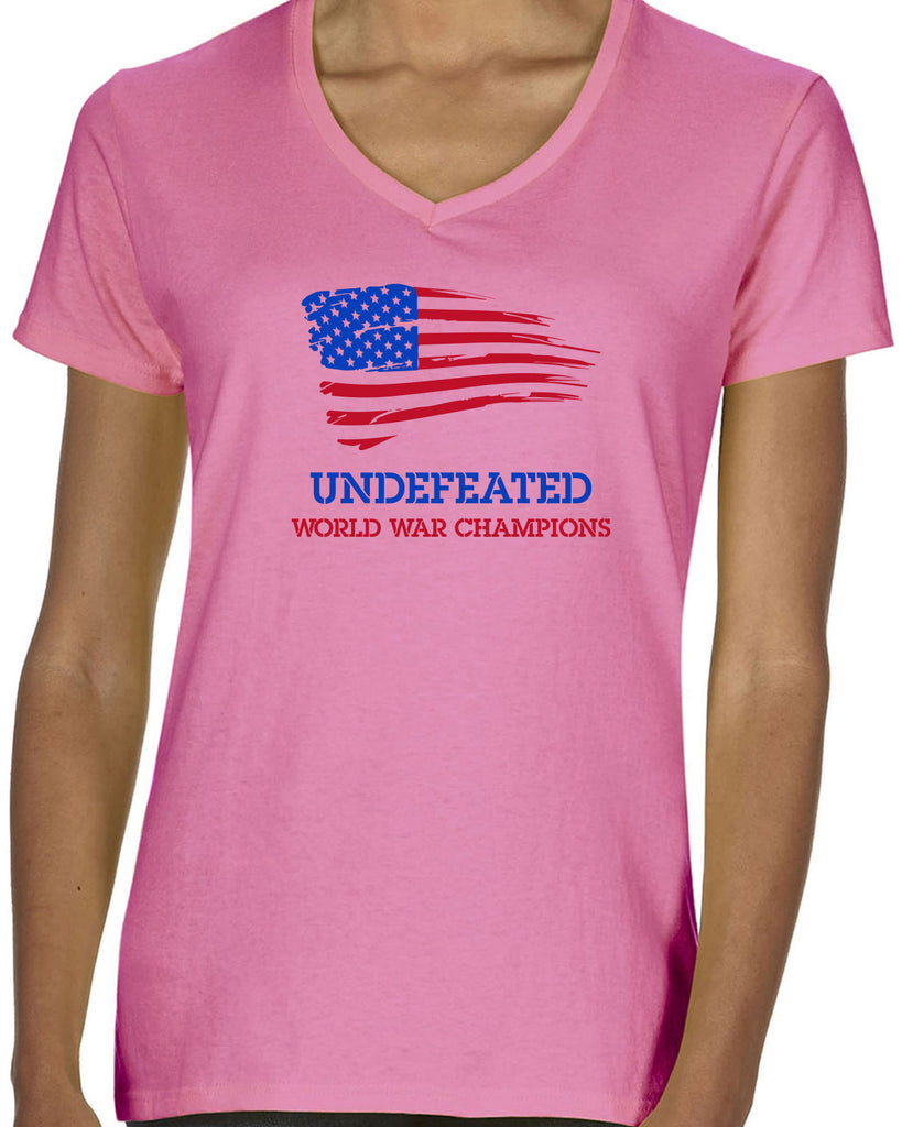 Undefeated World War Champions Womens V-Neck Shirt Army Military Marines Back to Back Navy America USA Vintage Retro